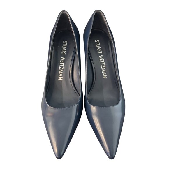 Stuart Weitzman Pointed Toe Leather Block Heel Pumps Navy Blue Size 10B NWOB - Picture 2 of 11